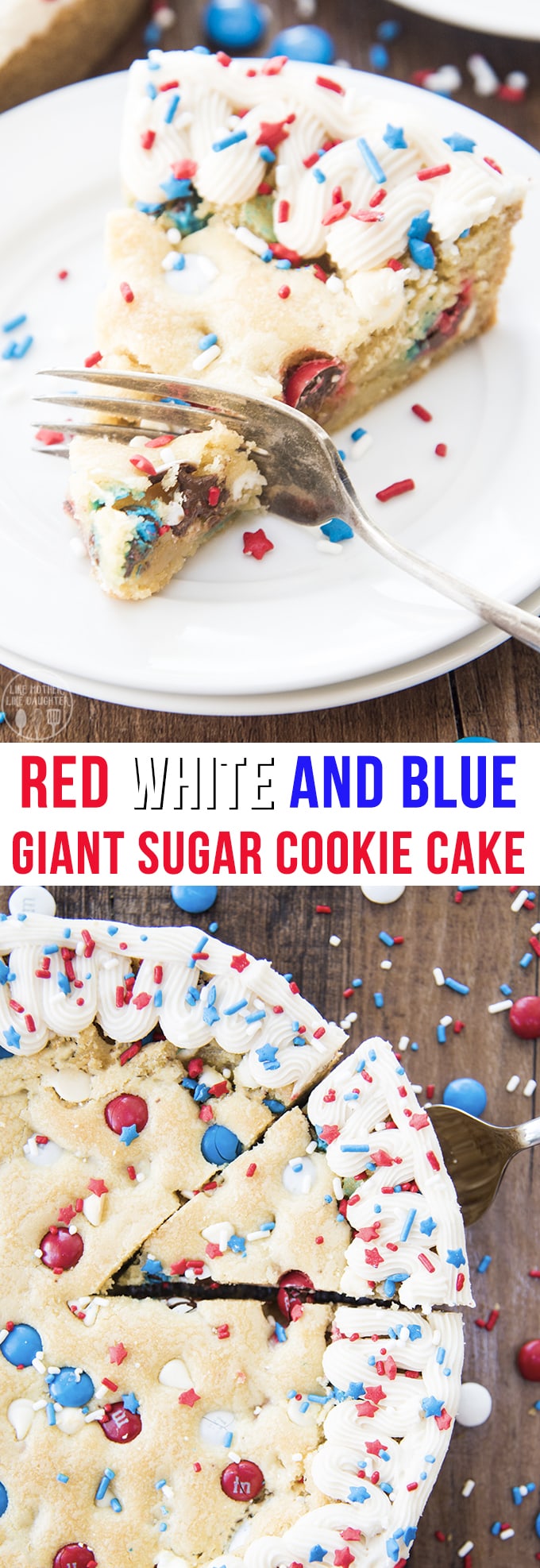 A collage of two photos of a Giant Sugar Cookie Cake with a text block in the middle of them. 