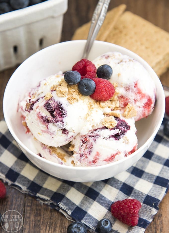 A bowl of berry cheesecake ice cream topped with fresh raspberries and blueberries.