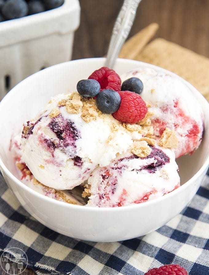 A bowl of mixed berry cheesecake ice cream topped with graham cracker curmbs and fresh berries.
