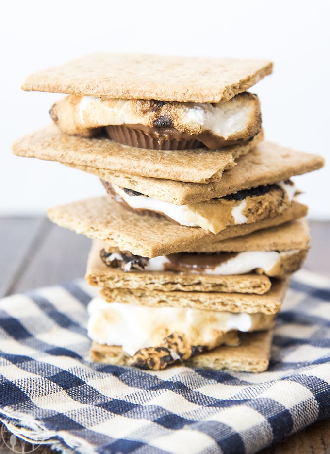 A stack of s\'mores made with Reeses Peanut Butter Cups. 