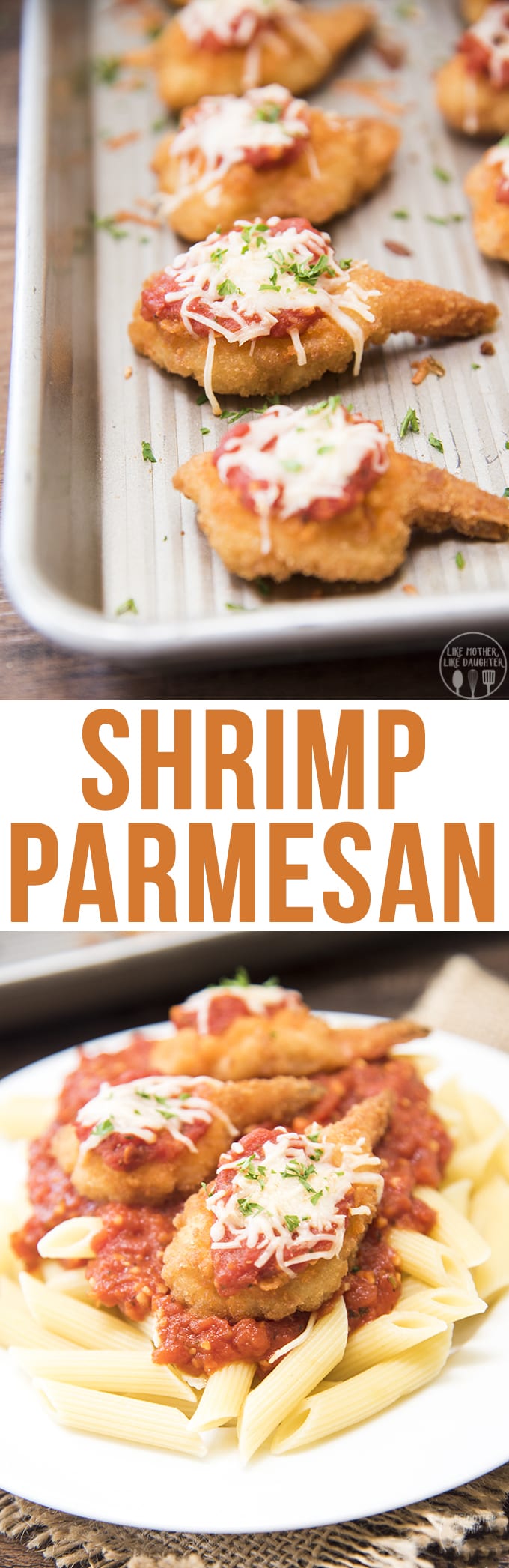 A collage of two photos of Shrimp Parmsan with a text block between them.