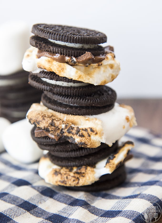 A stack of s\'mores made with Oreos instead of graham crackers. 