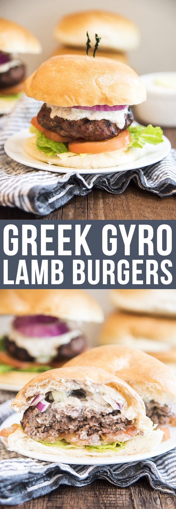 A collage of two photos of Greek Gyro Lamb burgers with a text block between them. 
