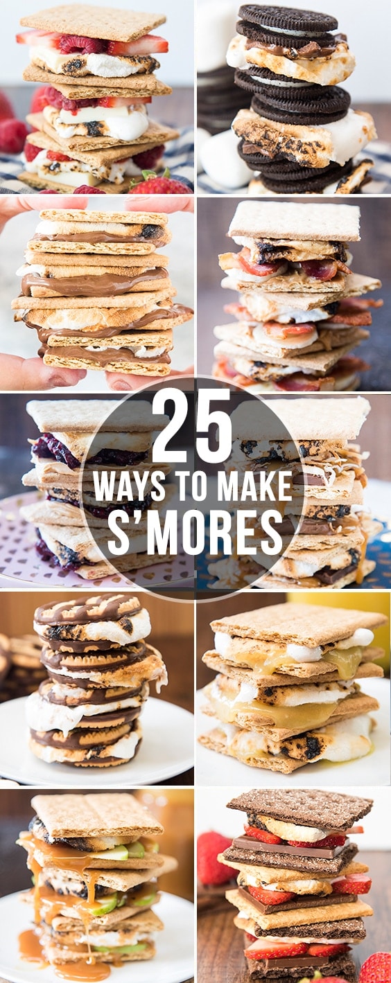 A collage of different ways to make s'mores with a text overlay in the middle.