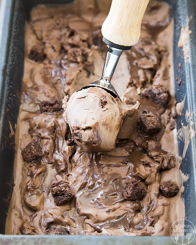 A scoop of chocolate fudge ice cream in an ice cream scooper, out of a bread pan.