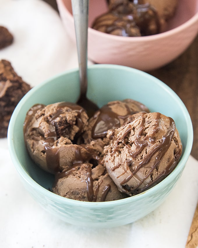 A bowl of chocolate brownie ice cream.