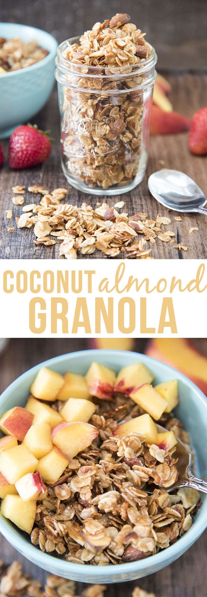A collage of two photos of coconut almond granola with a text block between them.