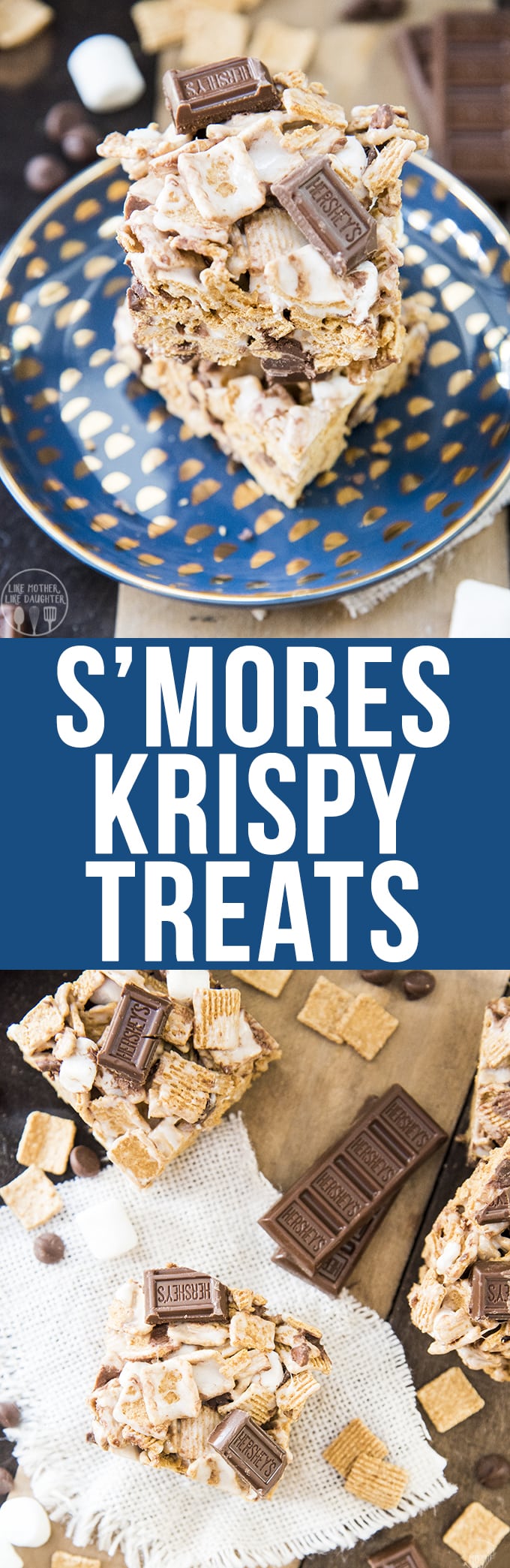 A collage of two photos of s\'mores krispy treats with a text block between them.