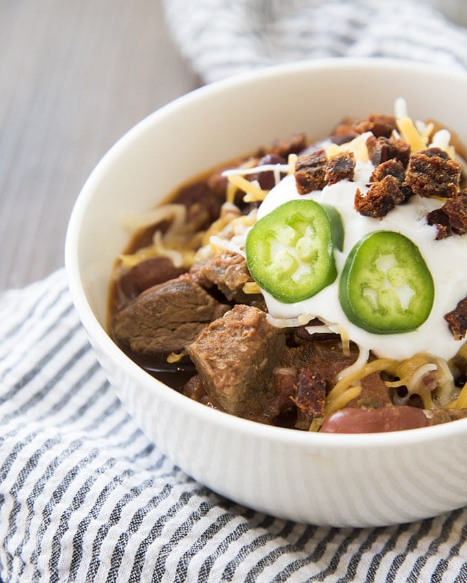 This Steak Chili is stuffed with huge pieces of tender steak and lots of flavor!