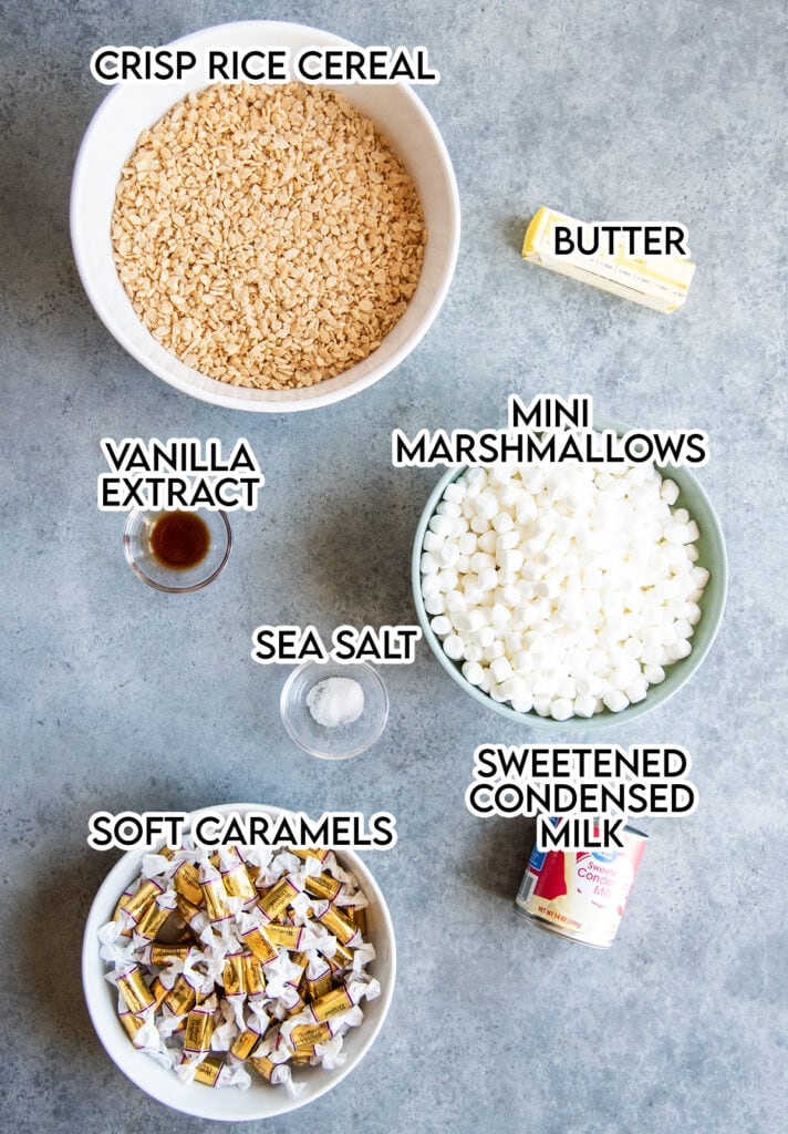 An above photo of the ingredients needed to make salted caramel rice krispie treats.