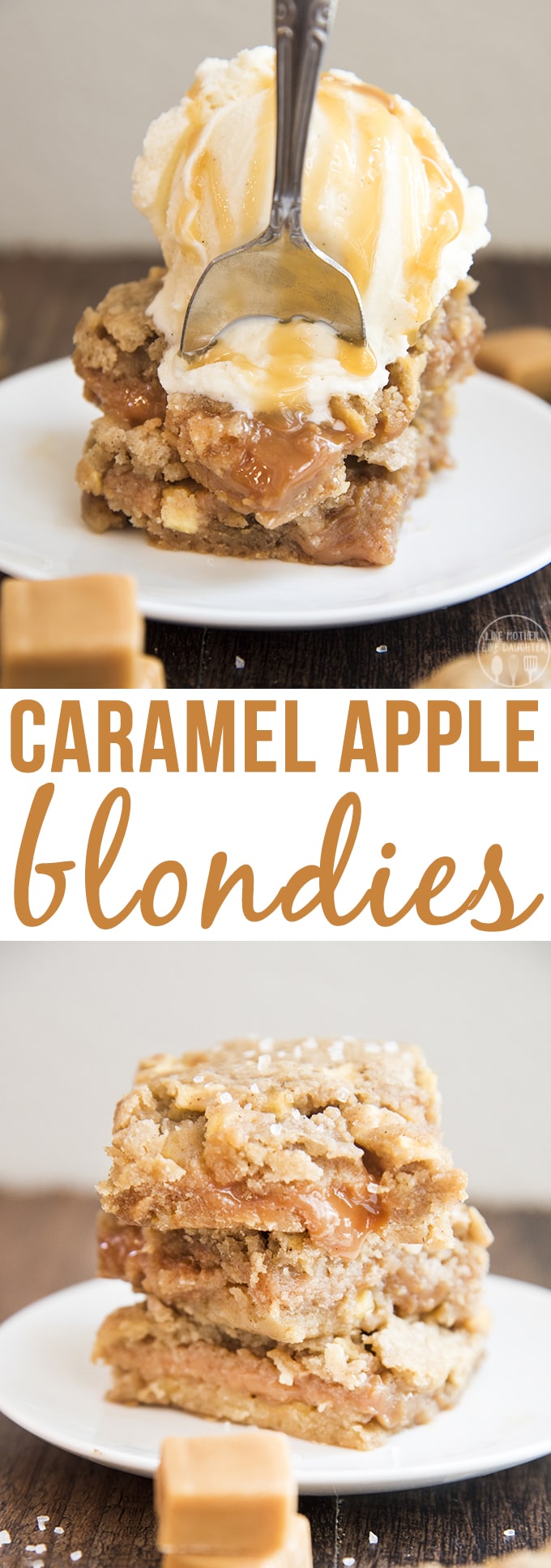 A collage of two photos of caramel apple blondies with a text block between them.