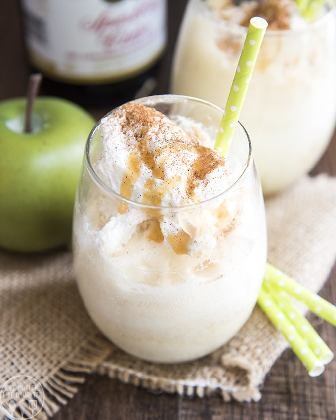 A glass of a vanilla ice cream and apple cider float. 