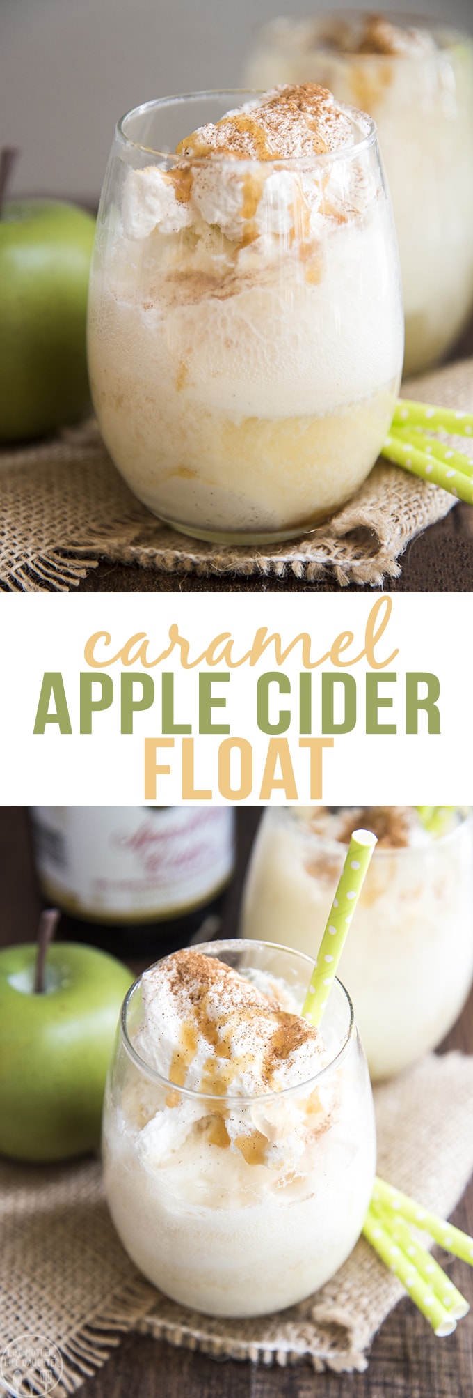A collage of two photos of Caramel Apple Cider Floats with a text block between them for pinterest. 