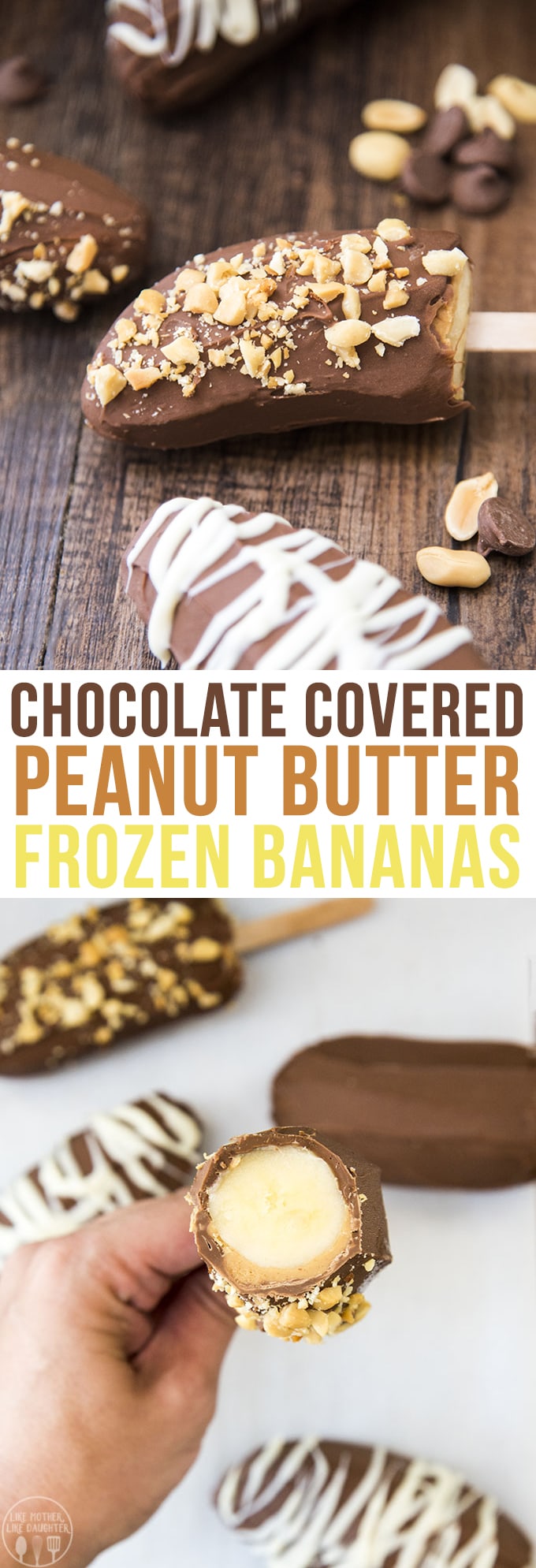 A collage of two photos of chocolate covered bananas with a text block in the middle of them. 