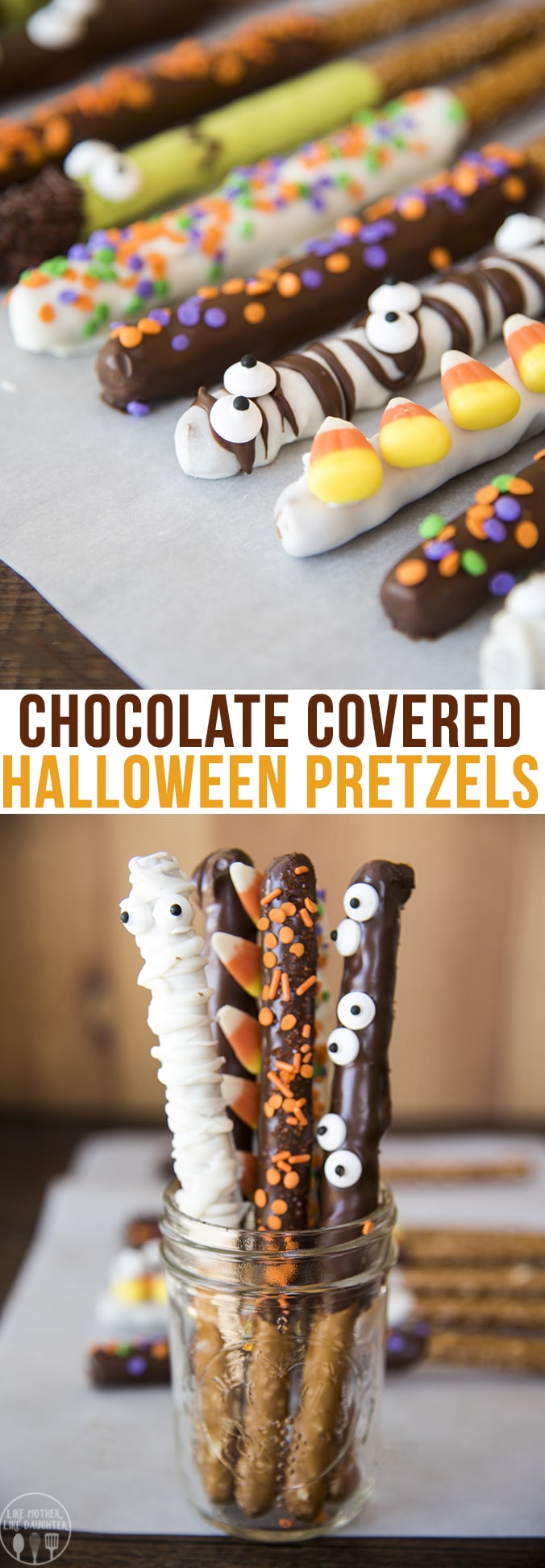 A collage of two photos of Chocolate covered Halloween pretzels with a text block in the middle of them.