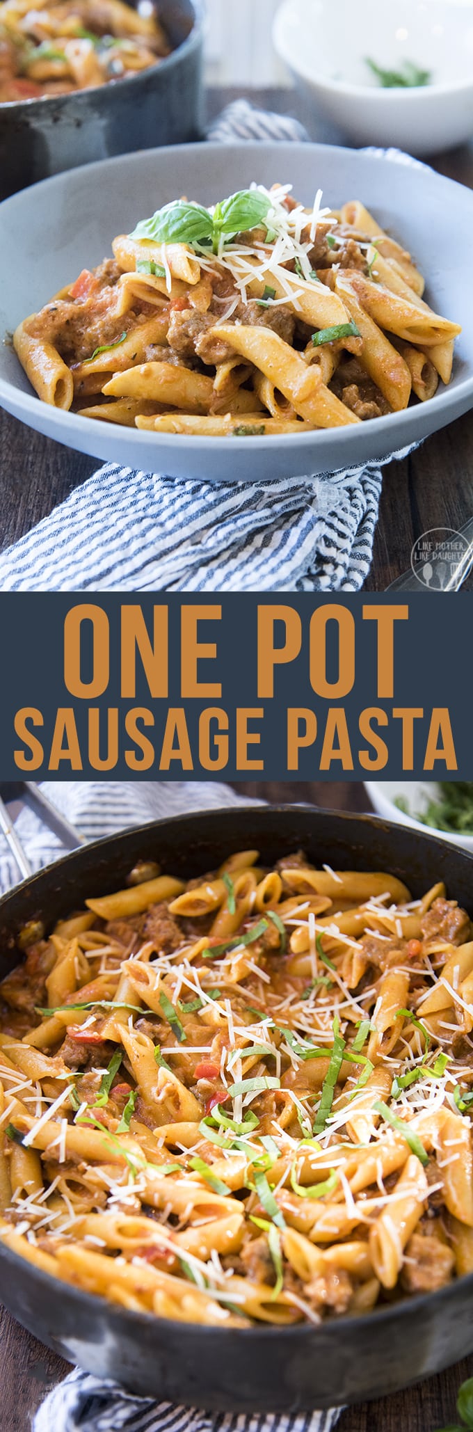 A collage of two photos of one pot sausage pasta with a text block in the middle. 