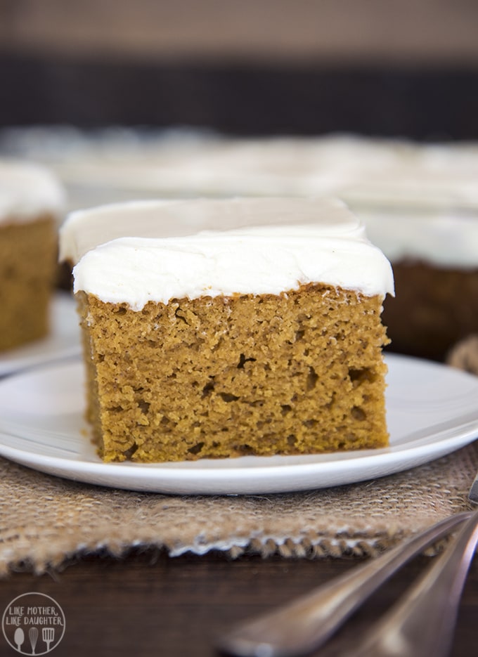 pumpkin cake topped with the best cream cheese frosting!
