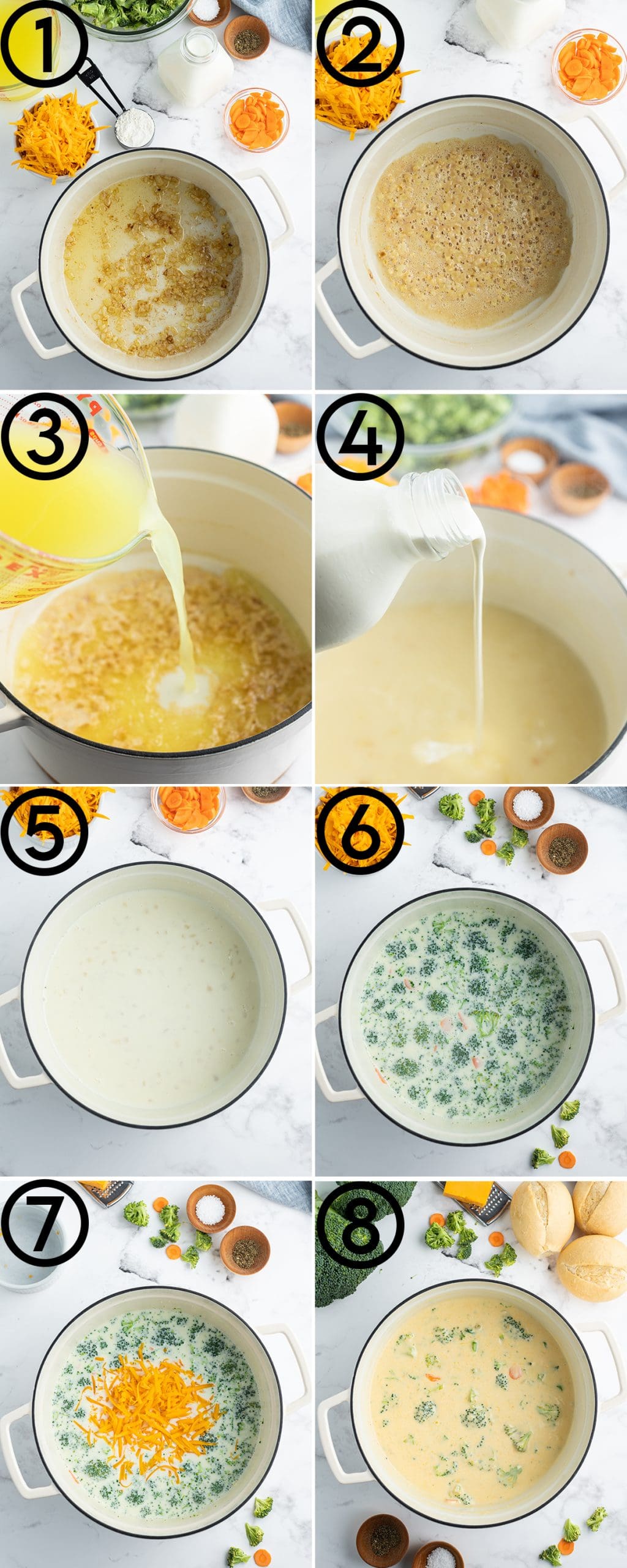A collage of images showing how to make broccoli cheese soup.