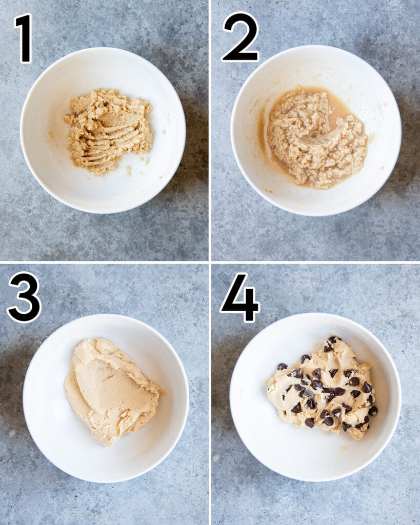 A collage of 4 photos showing how to make a small bowl of edible chocolate chip cookie dough.