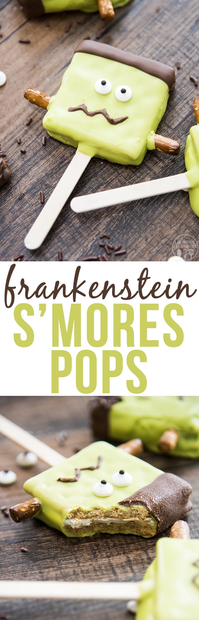 Frankenstein S'mores Pops are adorable and delicious Halloween treats that are made to look like Frankenstein's monster.