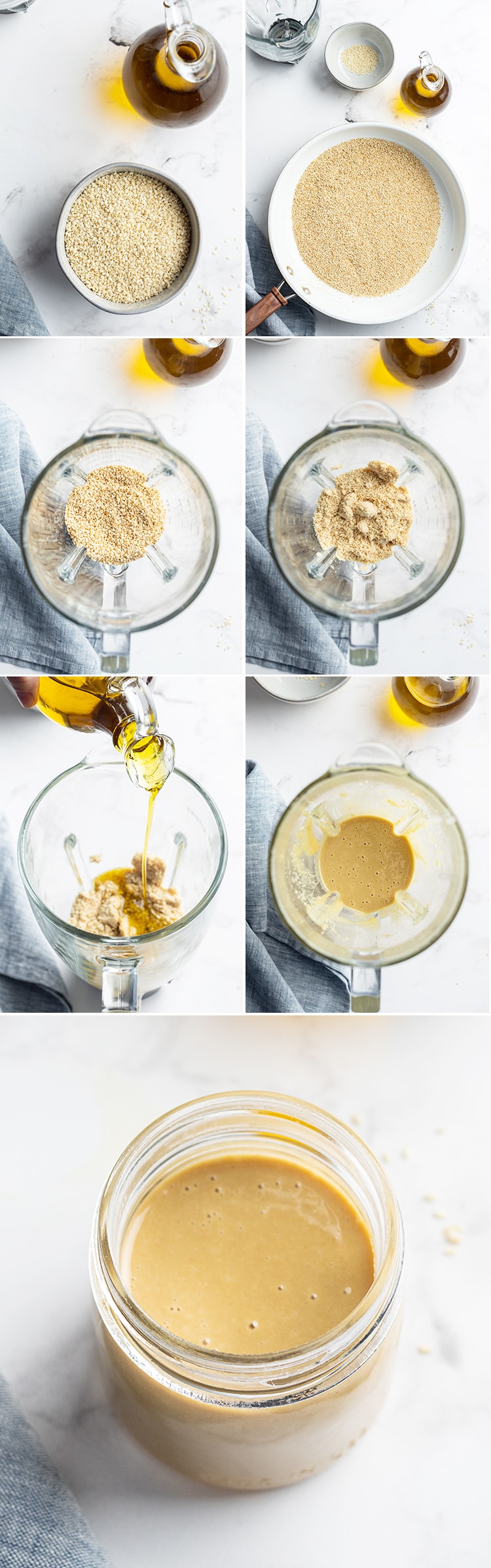 A collage of photos showing how to make homemade tahini. 