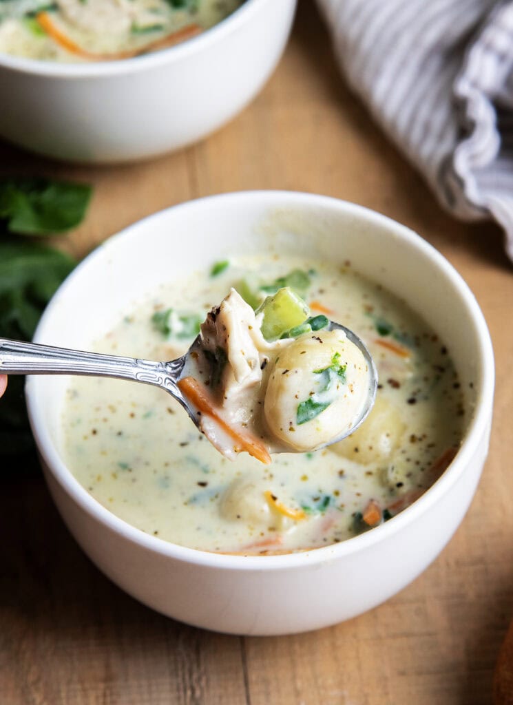 A spoonful of gnocchi and chicken above a bowl of soup.