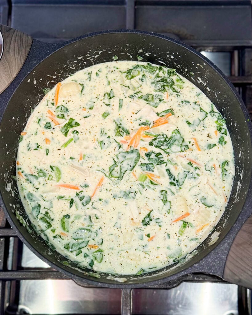 A pot of creamy chicken gnocchi soup.