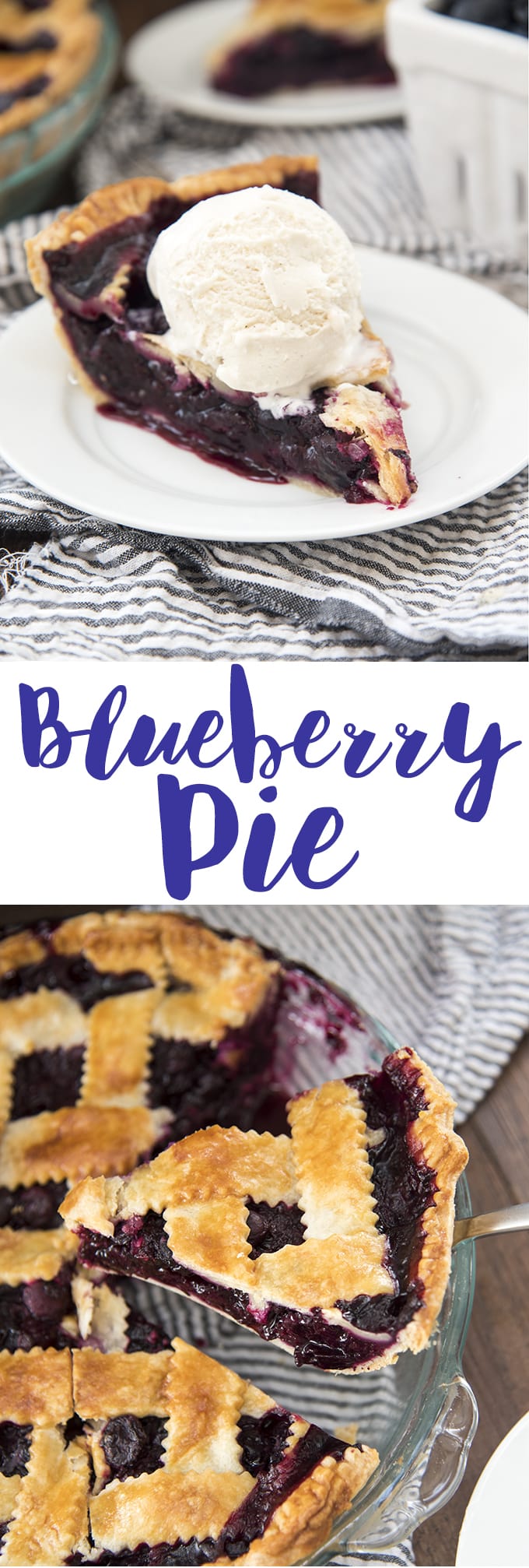A collage of two photos of blueberry pie with a text block in the middle. 