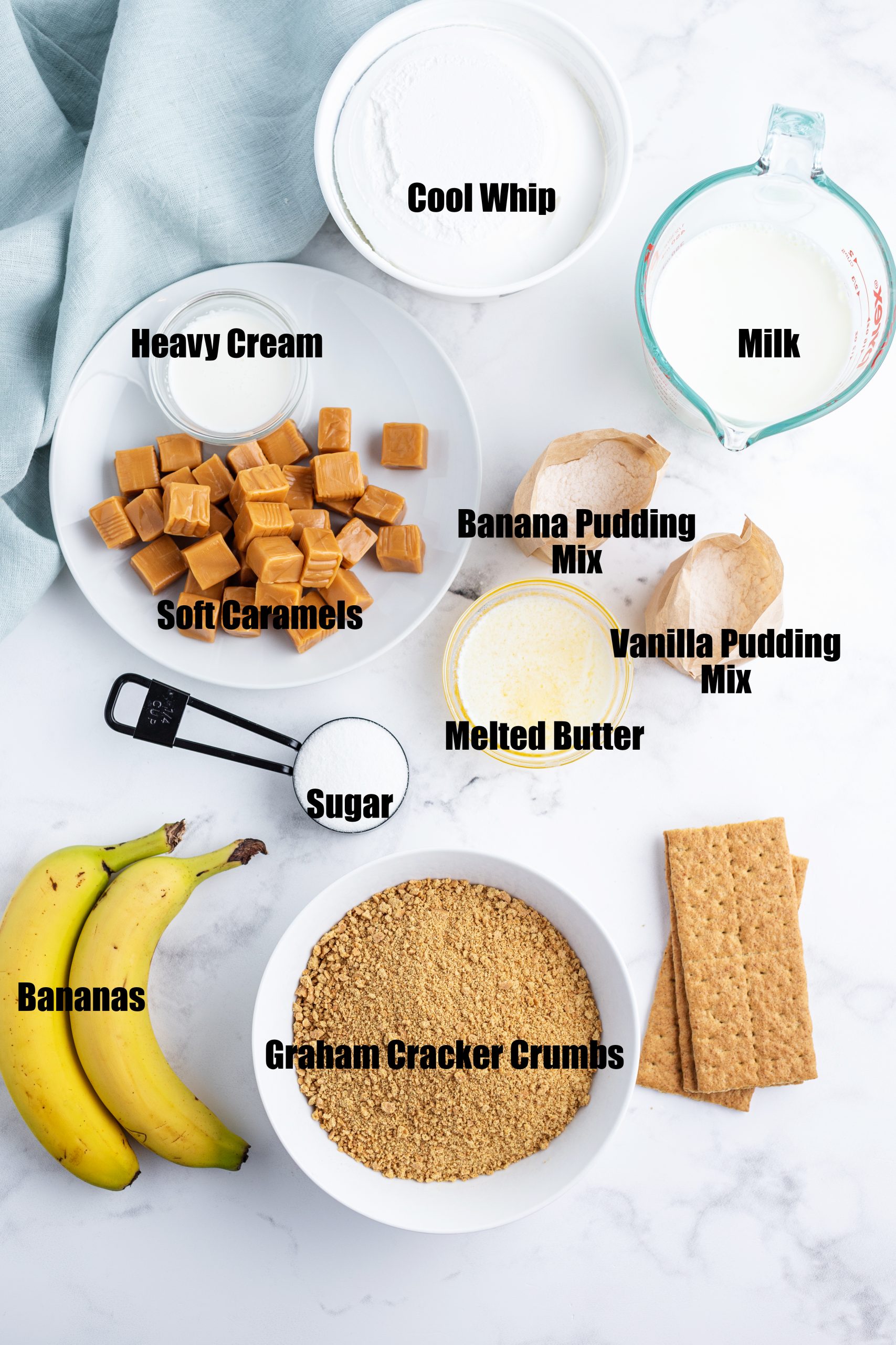 The ingredients needed to make a caramel banana cream pie. There is text written over them labeling the ingredients.