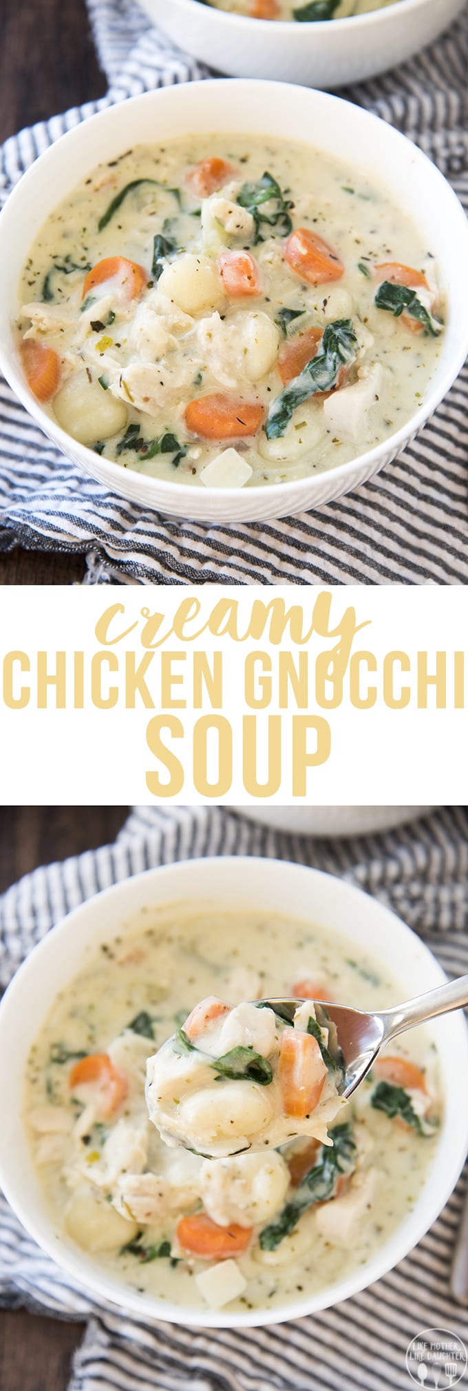 A collage of two photos of creamy chicken gnocchi soup with a text block in the middle. 