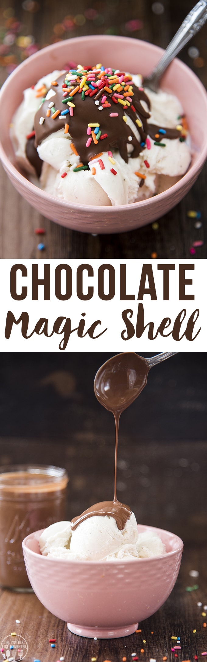 Homemade chocolate magic shells is only two ingredients and only takes a couple minutes to make. Its the best ice cream topping!