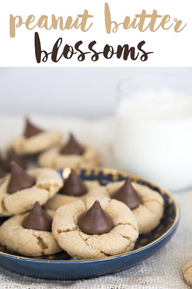 A plate of peanut butter blossom cookies with a text block over the top of the photo.