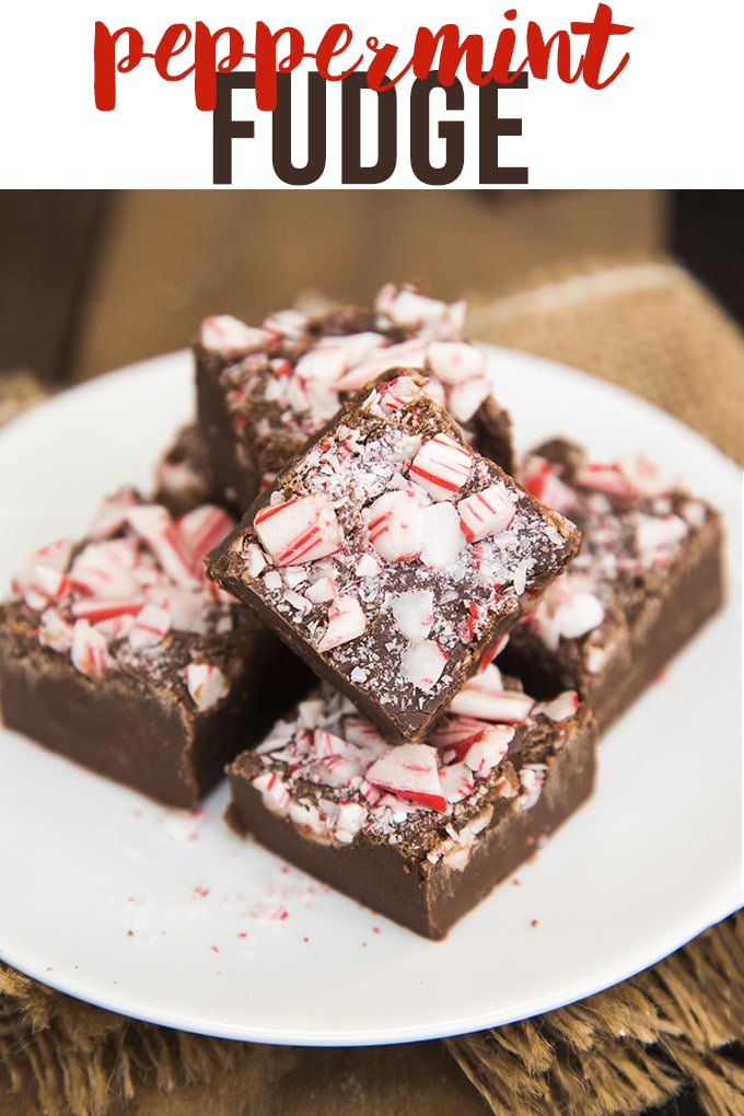 A plate of chocolate fudge pieces each topped with candy cane bits. 