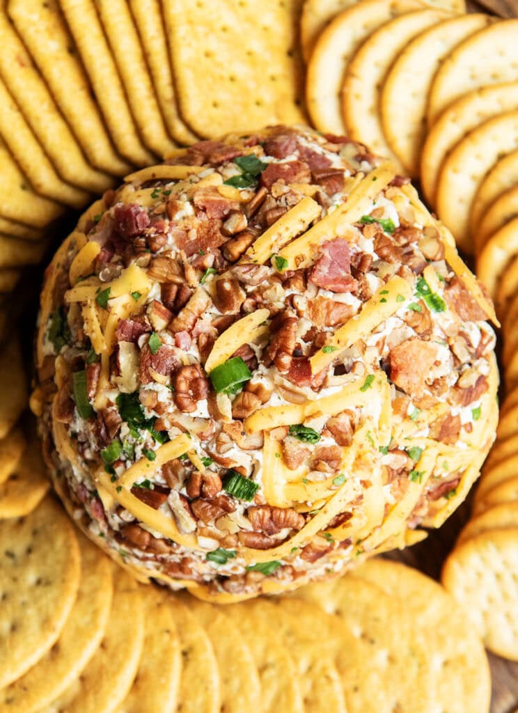 An above view of a cheese ball coated in bacon, shredded cheddar cheese, and pecans.