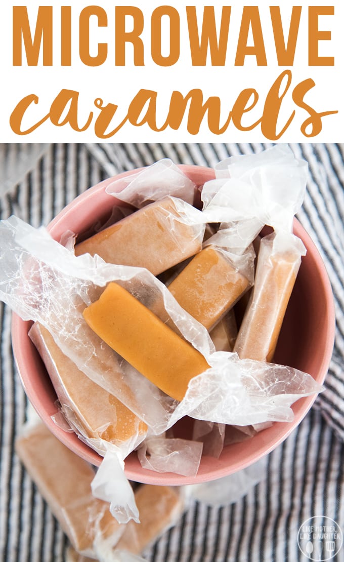 A bowl of microwave caramels wrapped in waxed paper, and topped with a text block. 