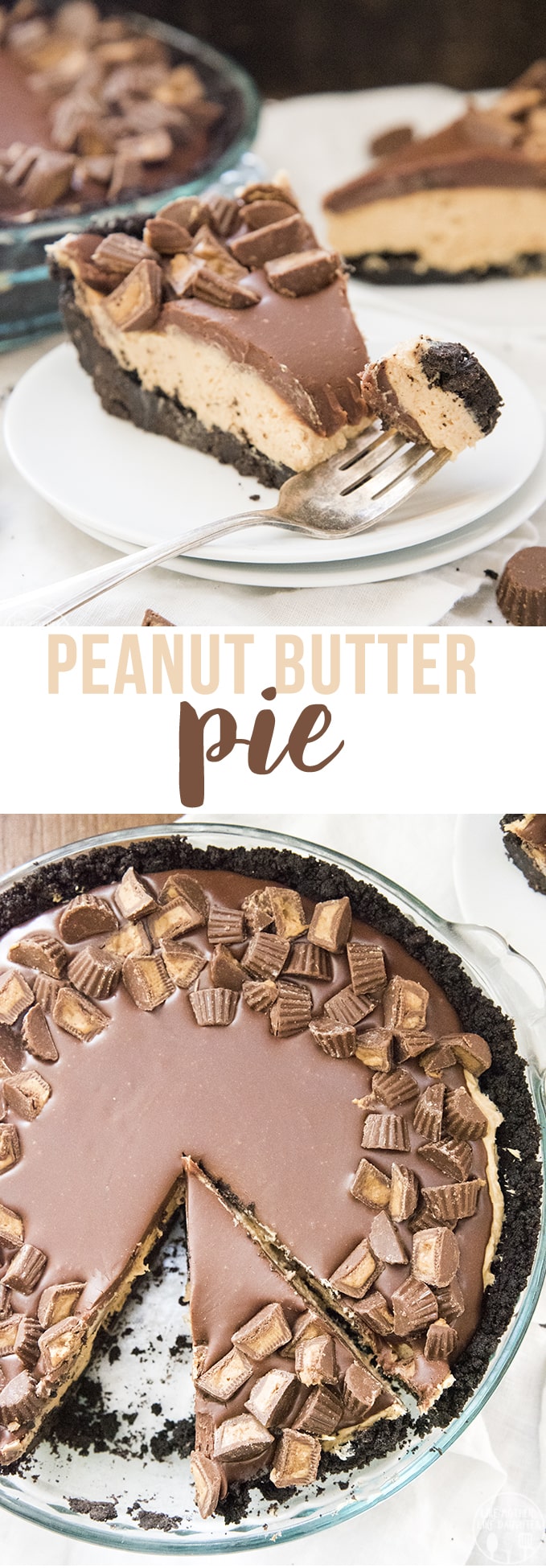 A collage of two photos of peanut butter pie with a text block in the middle of them.