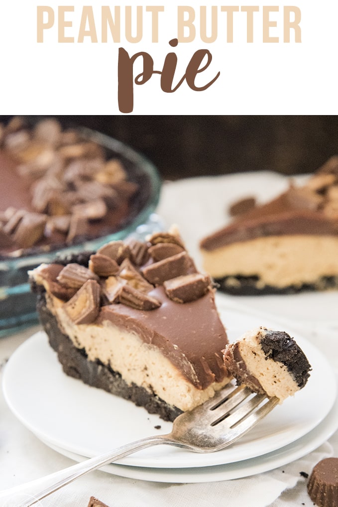 A slice of peanut butter pie topped with ganache on a plate. A bite of the pie is on a fork in front of the pie.