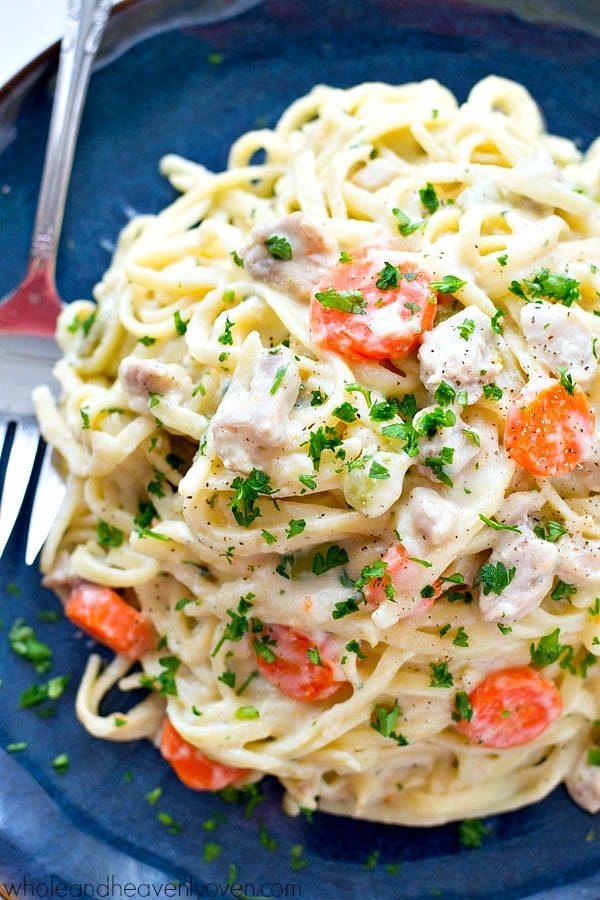 A plate of fettucini noodles covered with a white sauce, chicken, and carrots. 