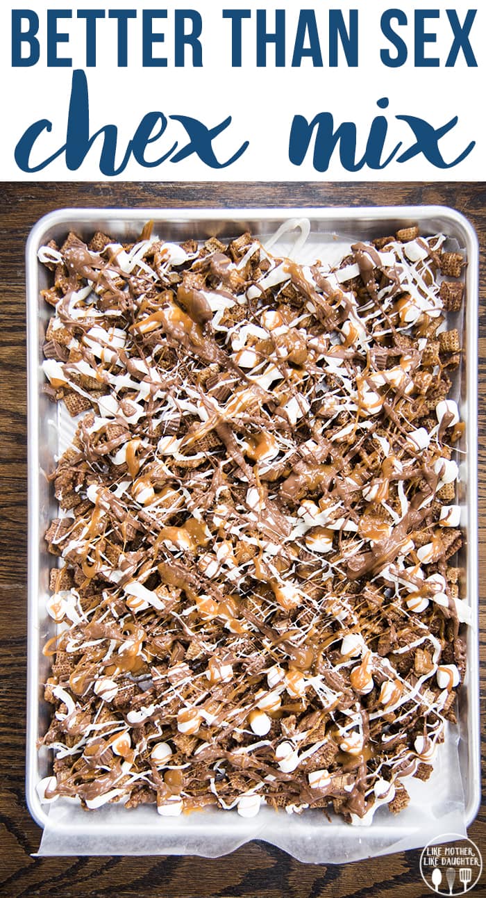 An overhead photo of a pan of chocolate chex mix topped with drizzled white chocolate and melted chocolate. 
