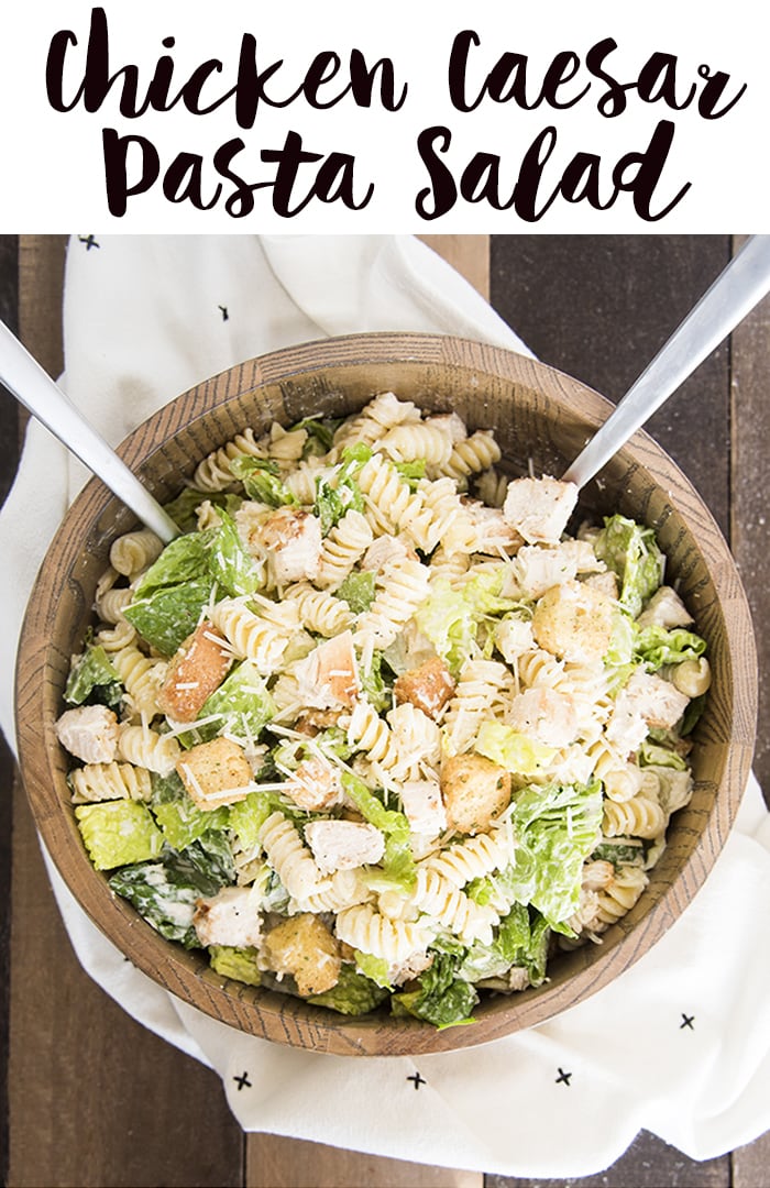 Chicken Caesar pasta salad is a delicious mix of pasta salad and chicken Caesar salad, with sauteed chicken, pasta noodles, and parmesan cheese!