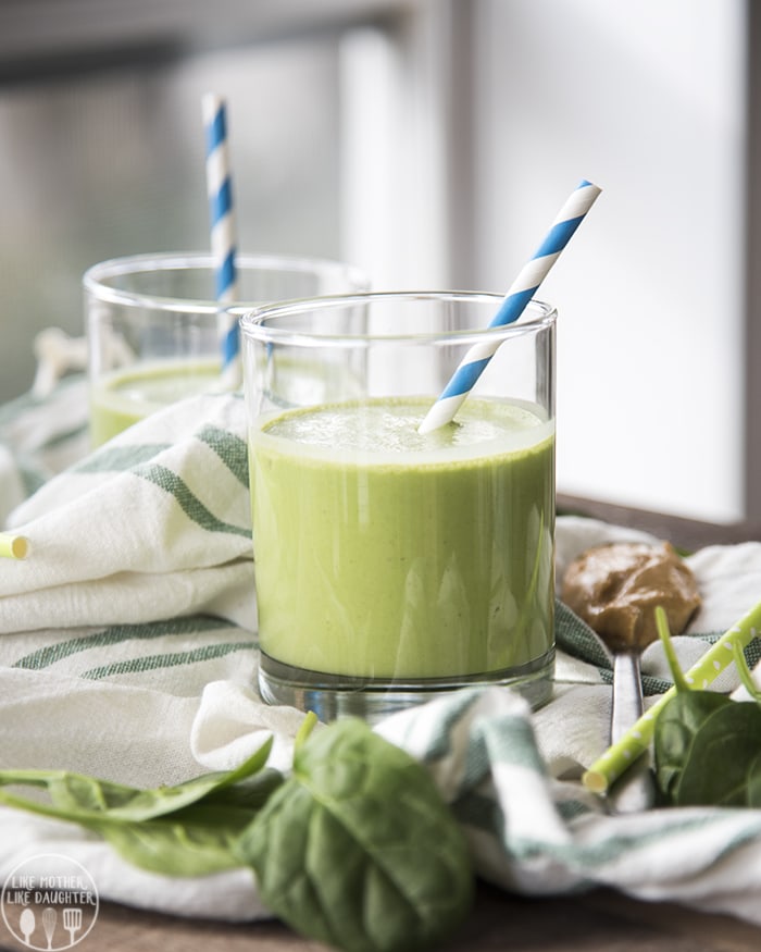 A green banana peanut butter smoothie that is perfect for a healthy and nutritious breakfast, or light snack.