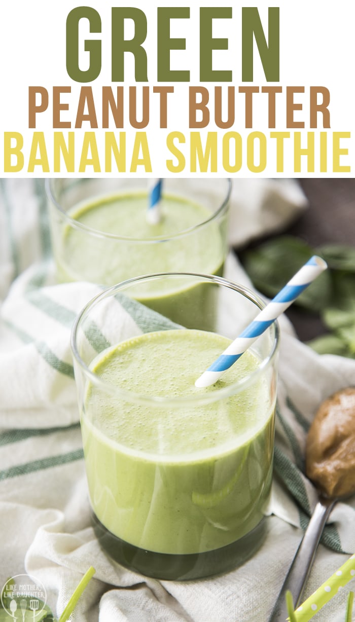 A green peanut butter banana smoothie that is perfect for a healthy and nutritious breakfast, or light snack.