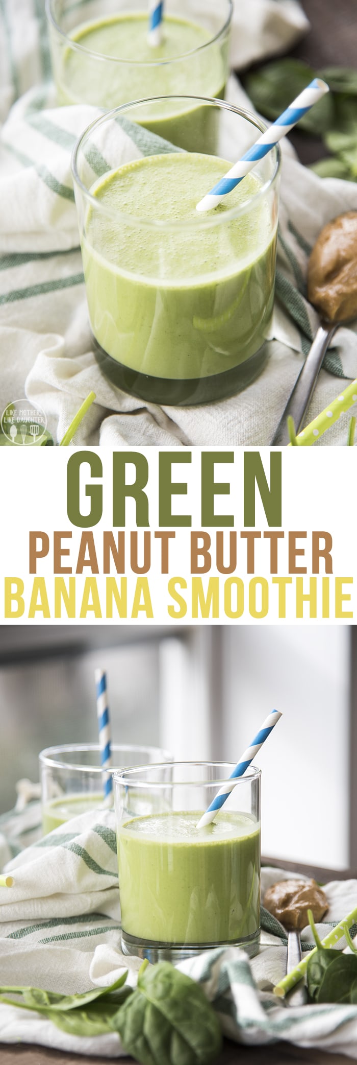 A green banana peanut butter smoothie that is perfect for a healthy and nutritious breakfast, or light snack.