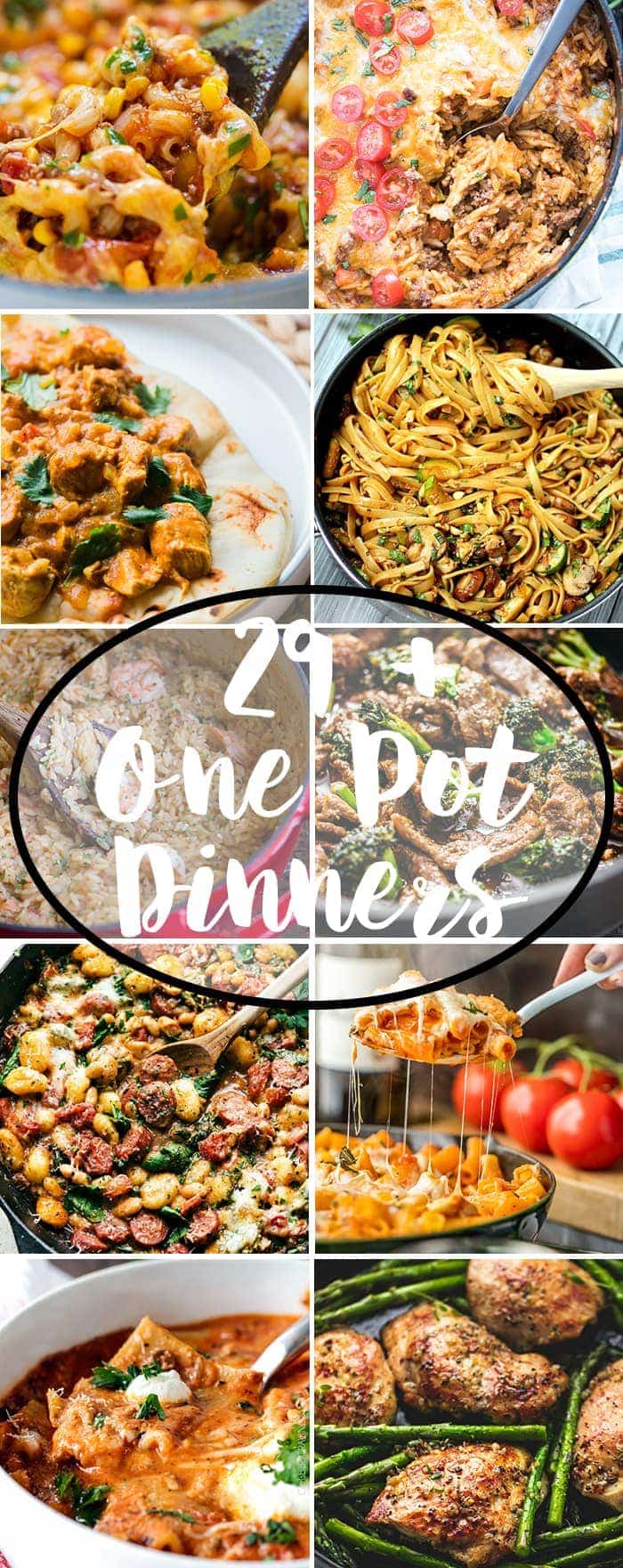 A collage of photos of one pot dinners with a text overlay over the top. 