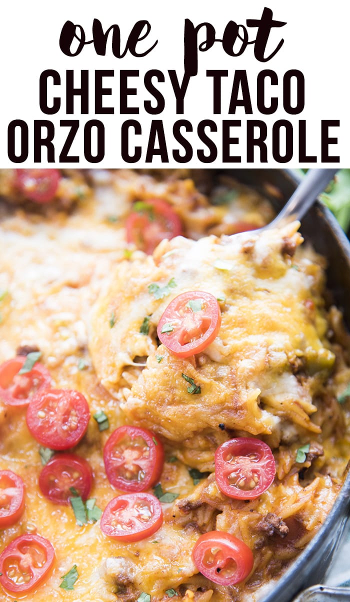 A scoop of taco orzo casserole with a text block over the top.