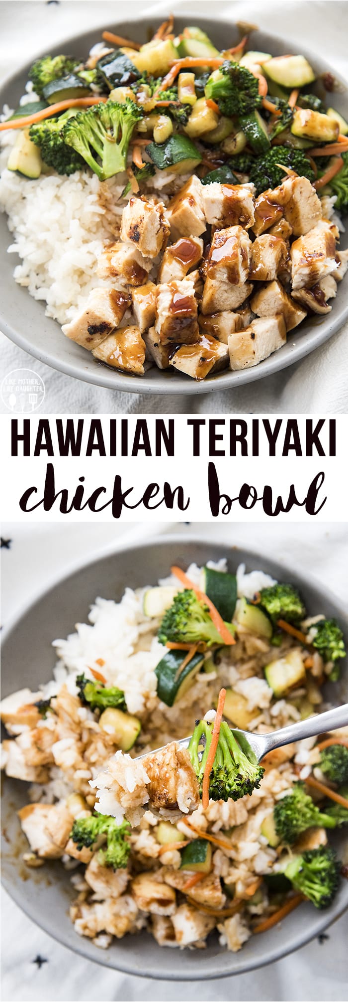 A collage of two photos of hawaiian teriyaki chicken bowls with a text block in the middle of them.