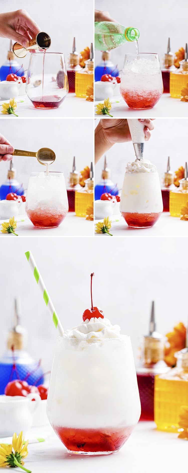 A collage of photos showing how to make Italian Cream Sodas, first adding red syrup, then club soda, then half and half, then whipped cream. 