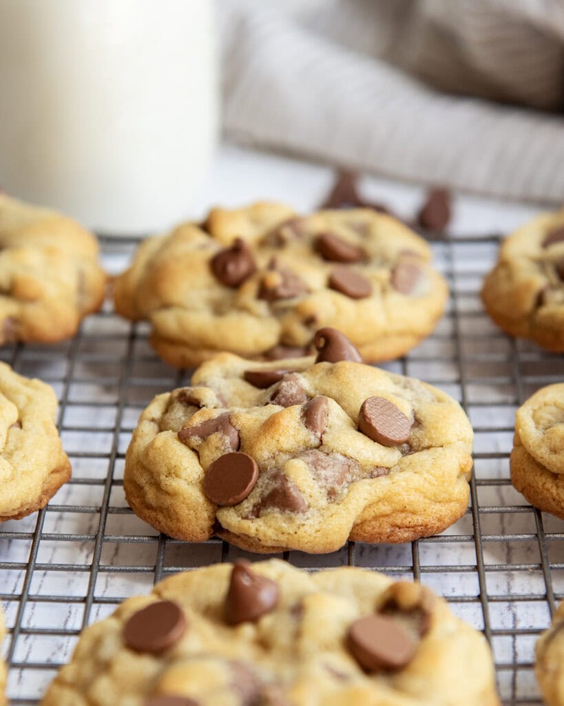 Homemade thick bakery style chocolate chip cookies on a cooling rack.