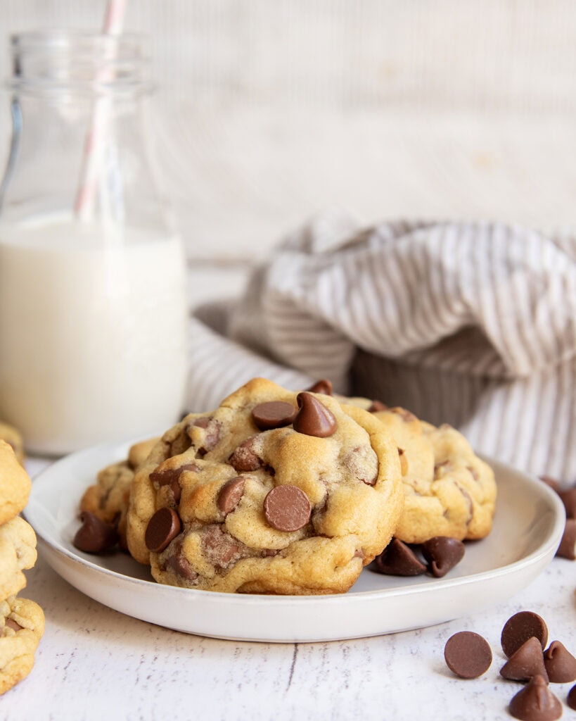 A plate of homemade Levain Chocolate Chip Cookies.