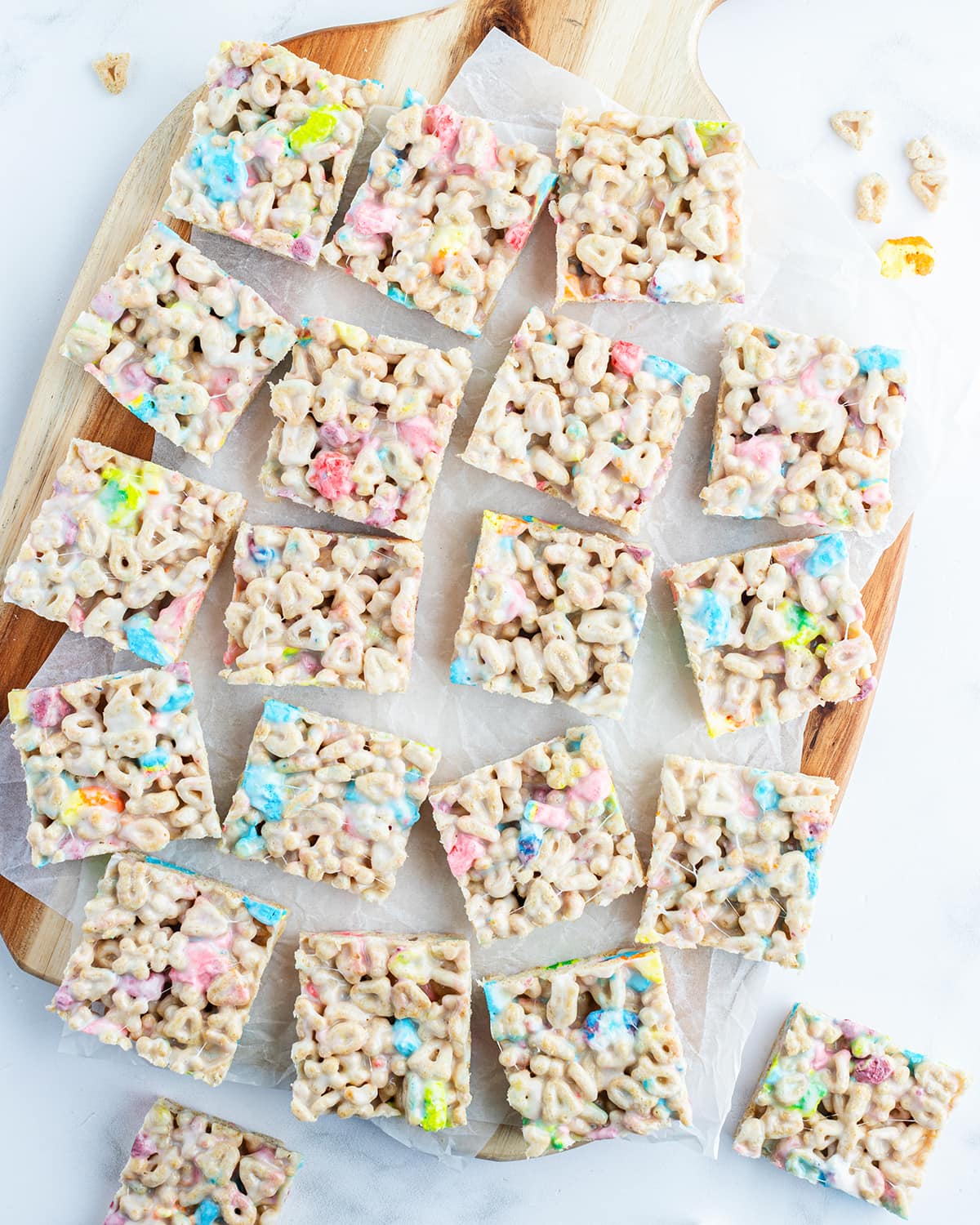 An overhead photo of squares of Lucky Charms Rice Krispie Treats.